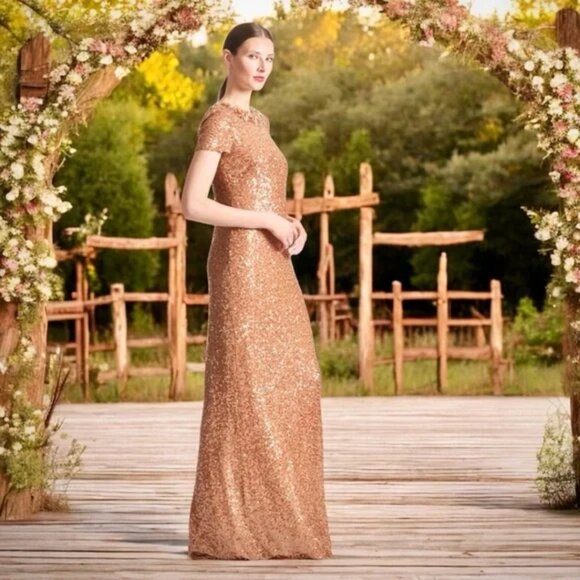 Sachin & Babi Shiloh Honey‎ Golden Brown Jeweled Sequin Column Gown Maxi Dress - Picture 3 of 5